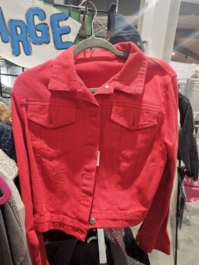 Women’s Red Denim Jacket - Classic Collared Style L. & XL